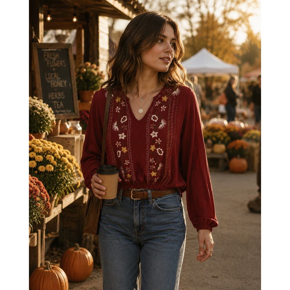 Boho Embroidered Peasant Crop Top Cottagecore Festival Folk Blouse Small